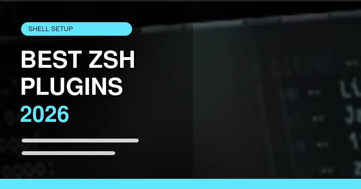 Abstract Zsh plugin workflow with terminal command lines, shell panels, and productivity modules