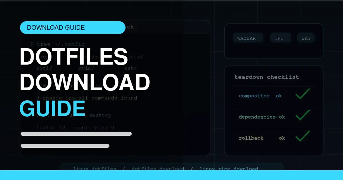 Abstract dotfiles download guide hero with download arrow, config panels, and terminal-style checklist blocks