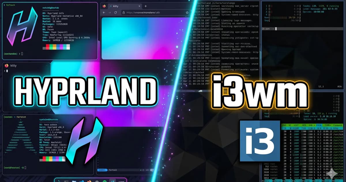 Hyprland vs i3wm comparison graphic for Linux tiling window managers
