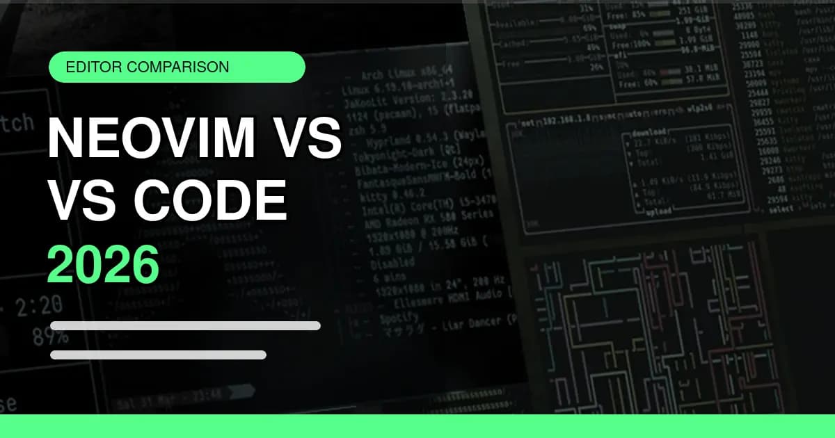 Abstract Neovim vs VS Code editor comparison with two code panels and terminal-style interface blocks