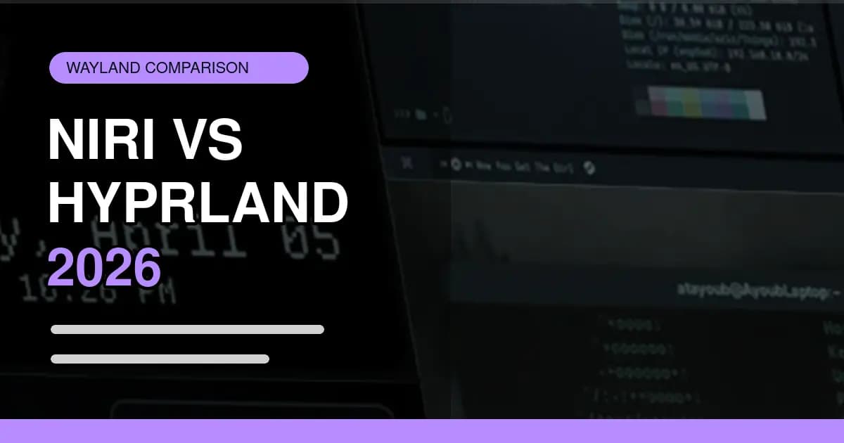 Abstract Niri vs Hyprland Wayland compositor comparison with two contrasting tiled desktop layouts