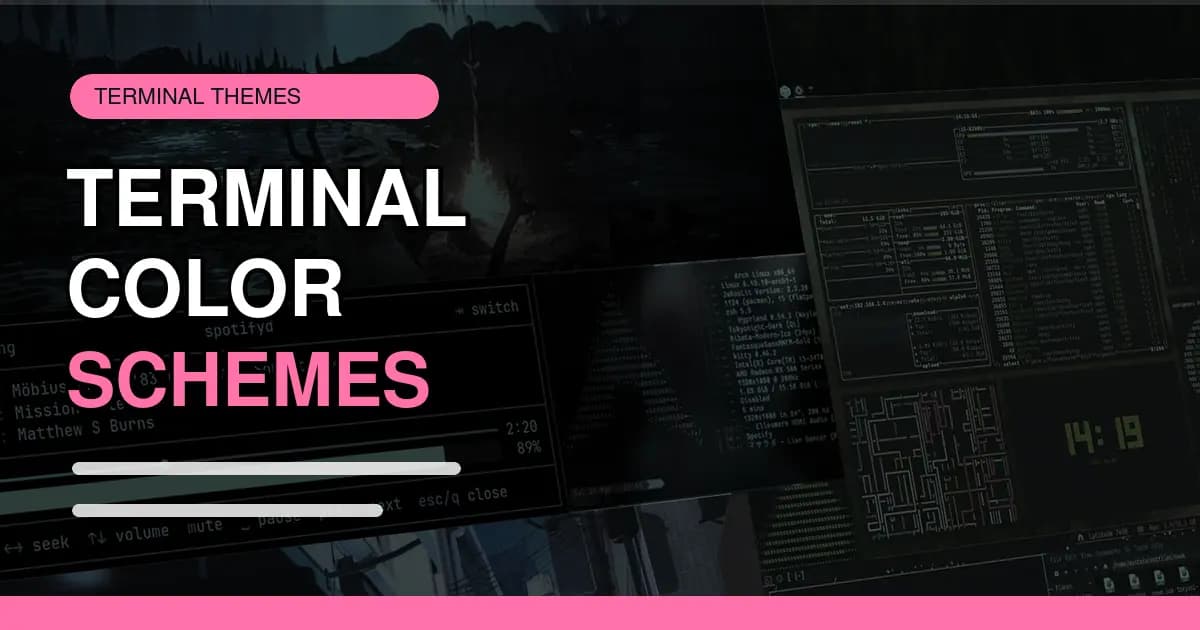 Abstract terminal color scheme hero with palette swatches, command panels, and readable theme blocks